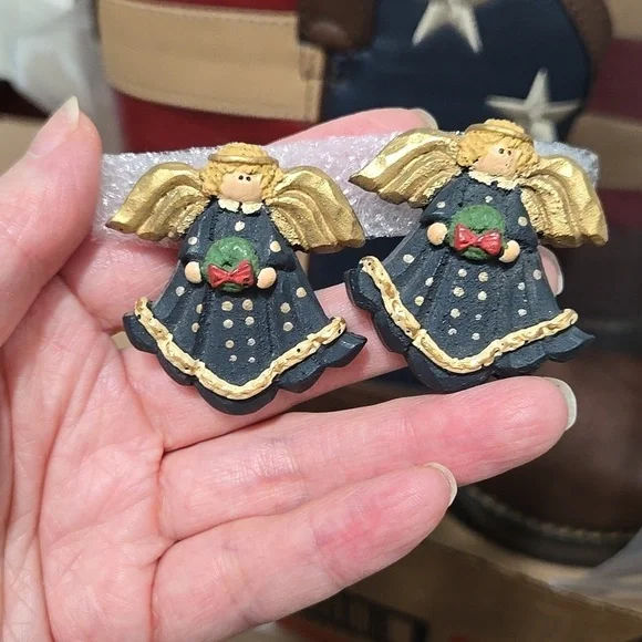 Gold and Black Christamas Angel Eartings  Clip On Earrings - Picture 9 of 12